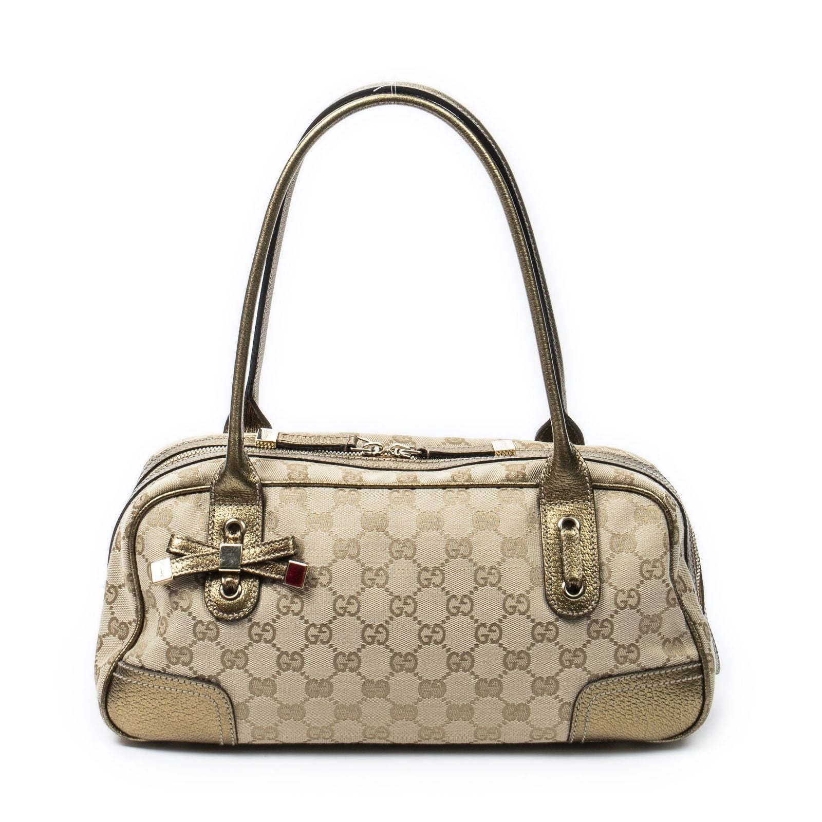 Gucci Princi Boston Beige Gold GG Canvas Messenger Bag