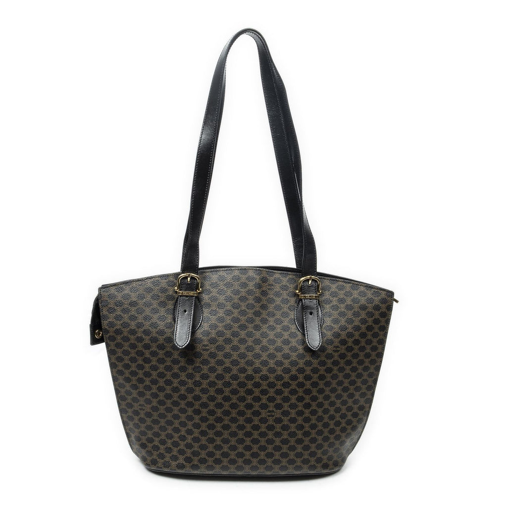 Celine Vintage Shoulder Zip Tote Black Brown Macadam Canvas — view 5