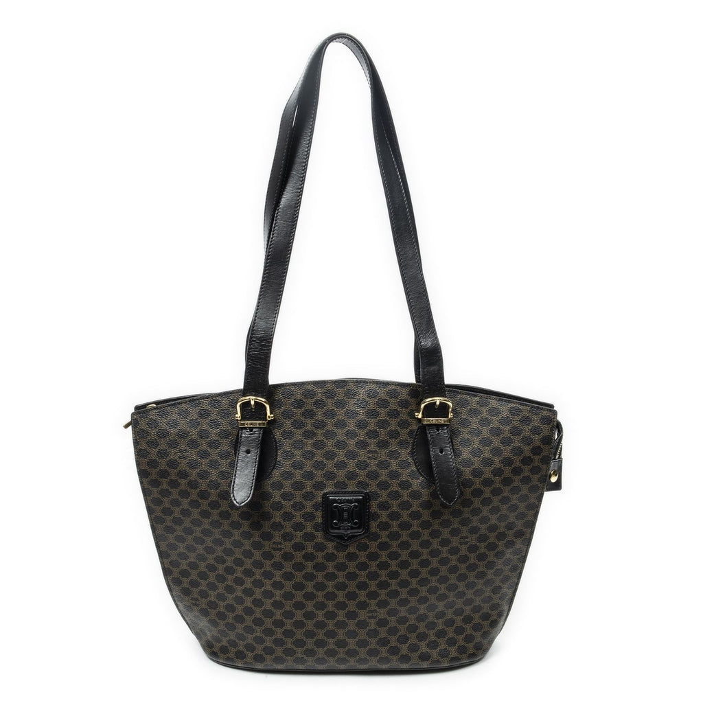 Celine Vintage Shoulder Zip Tote Black Brown Macadam Canvas