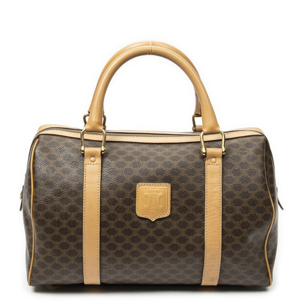 Celine Vintage Small Boston Beige Brown Macadam Canvas Shoulder Bag