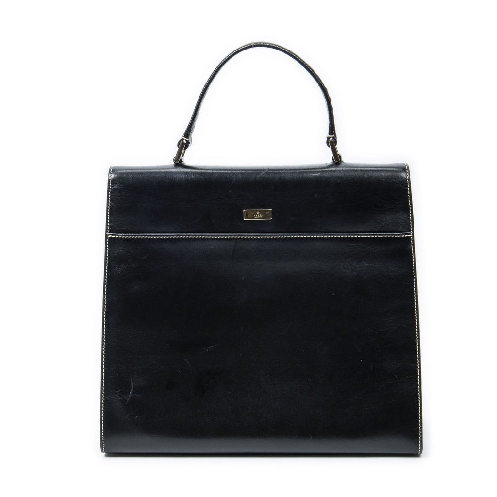 Gucci Vintage Push Lock Top Handle Black Smooth Scarf Skin Leather — view 5