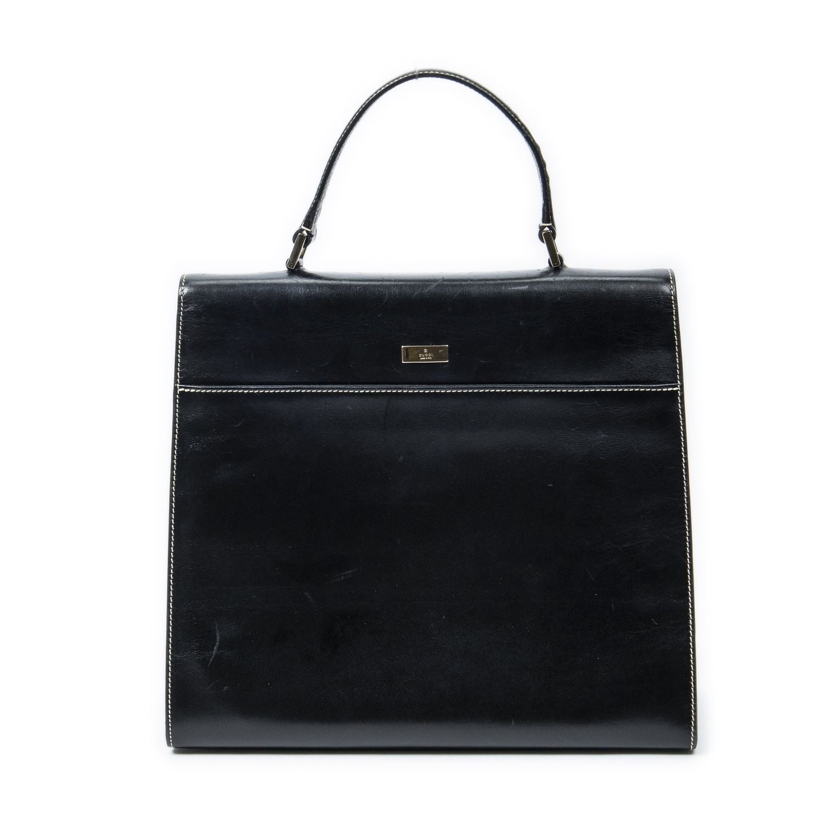 Gucci Vintage Push Lock Top Handle Black Smooth Scarf Skin Leather — view 5
