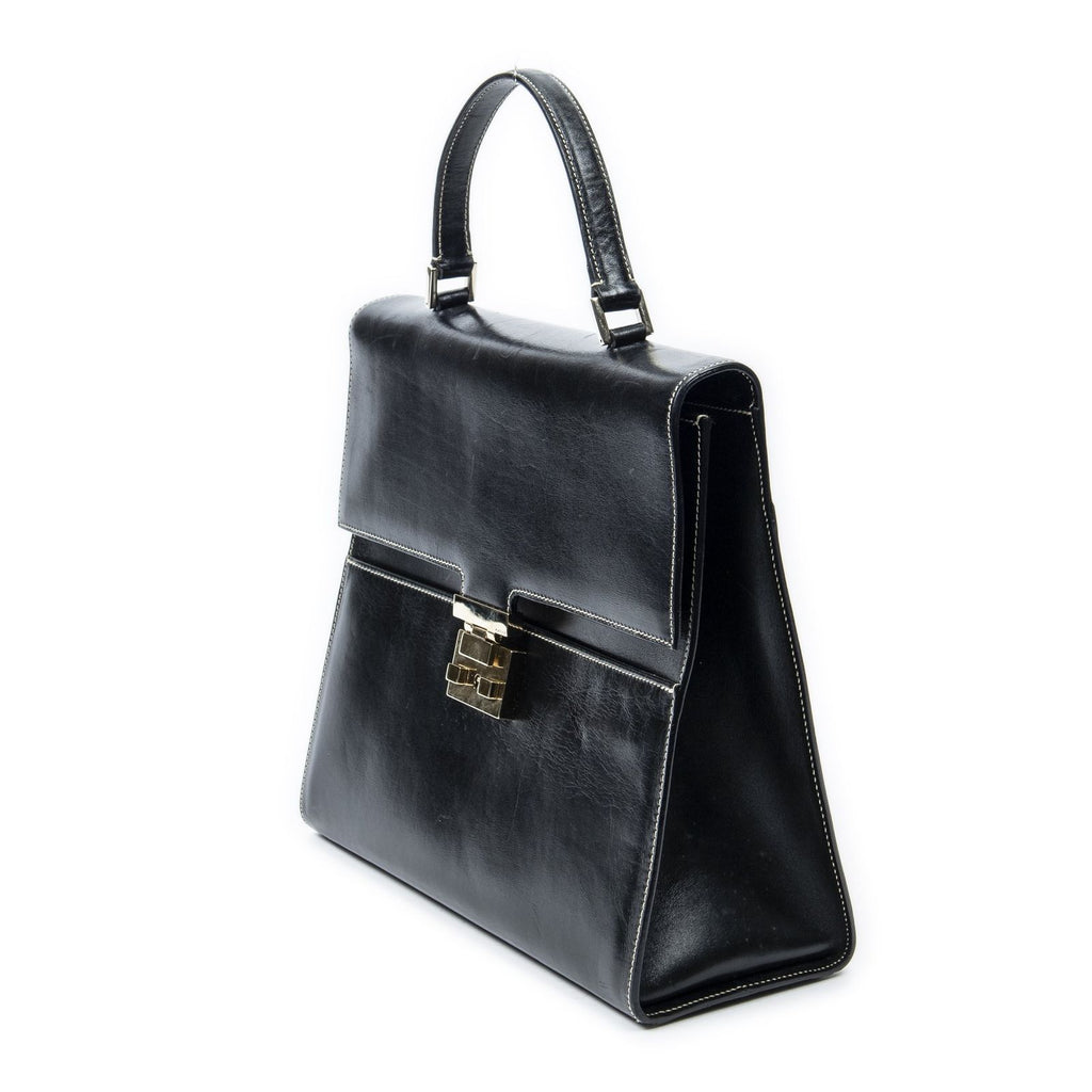 Gucci Vintage Push Lock Top Handle Black Smooth Scarf Skin Leather — view 2