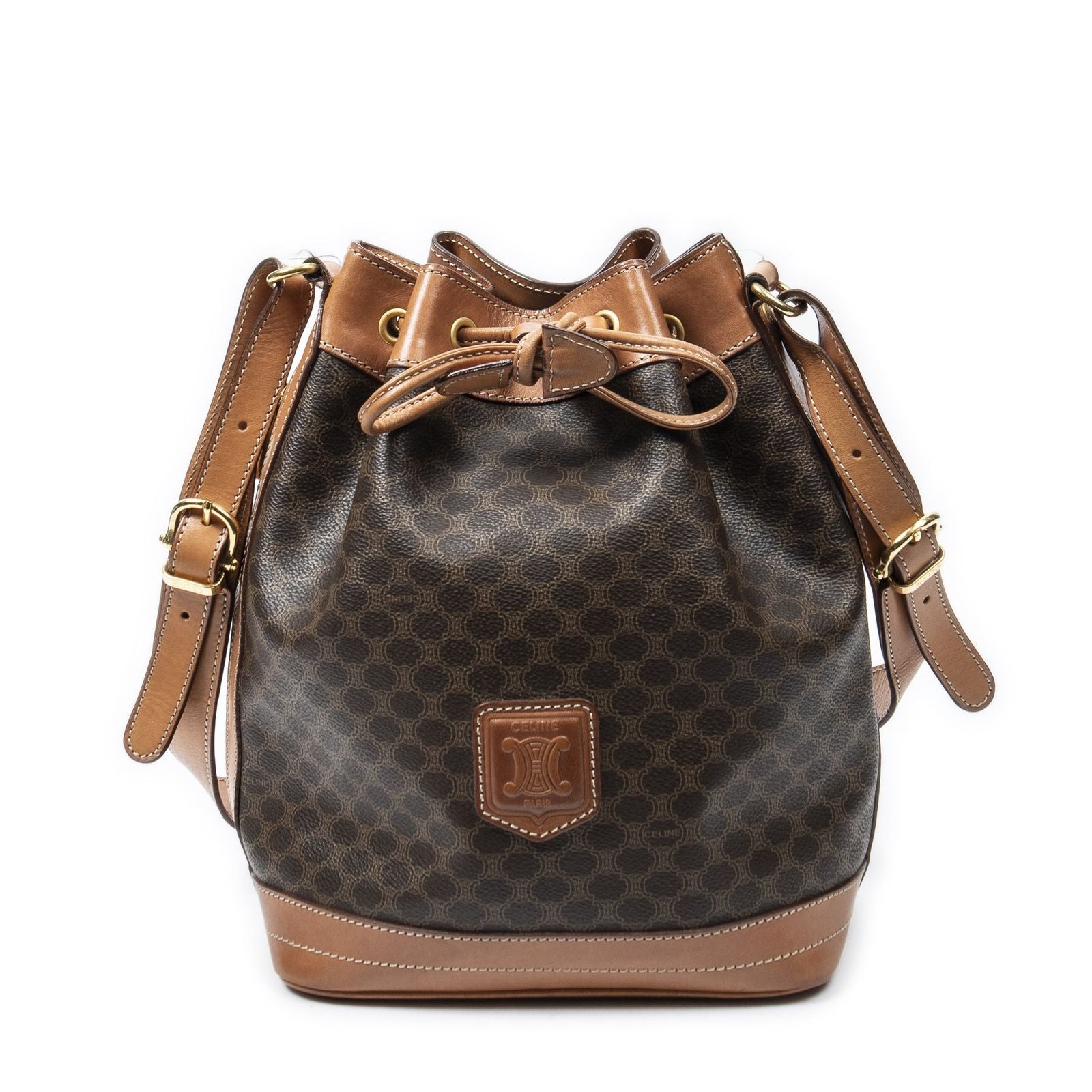 Celine Vintage Side Zip Bucket Tote Brown Macadam Canvas