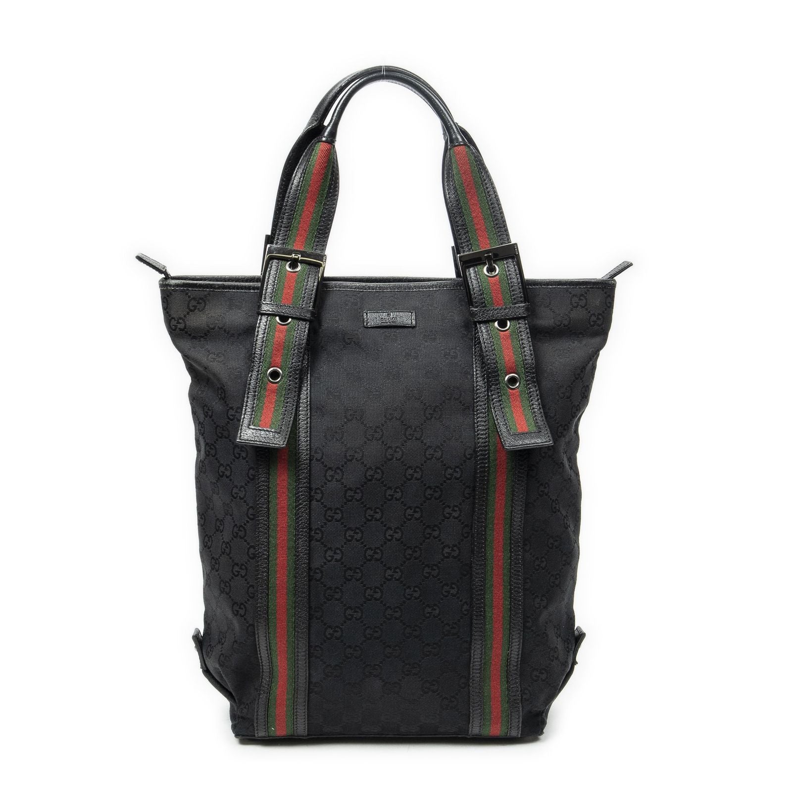 Gucci Web Buckle Vertical Tote Black GG Canvas