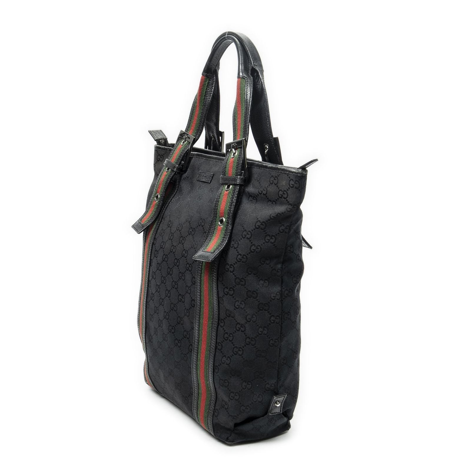 Gucci Web Buckle Vertical Tote Black GG Canvas — view 2