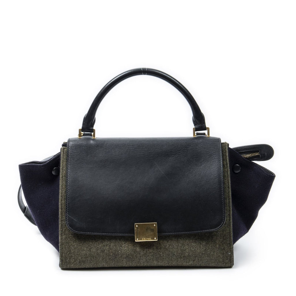 Celine Small Tricolor Trapeze Green Black Navy Felt Canvas Messenger Bag