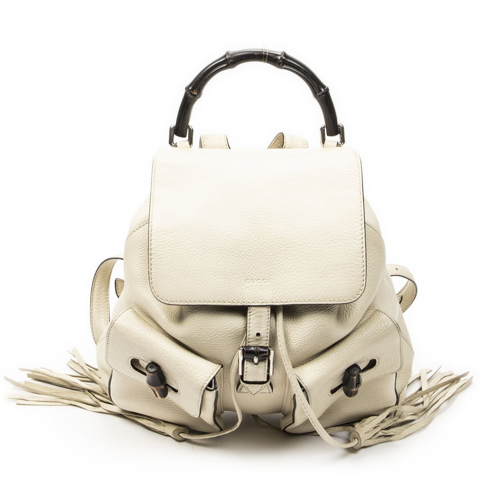 Gucci Bamboo Backpack Tassel Ivory Gray Calfskin Leather