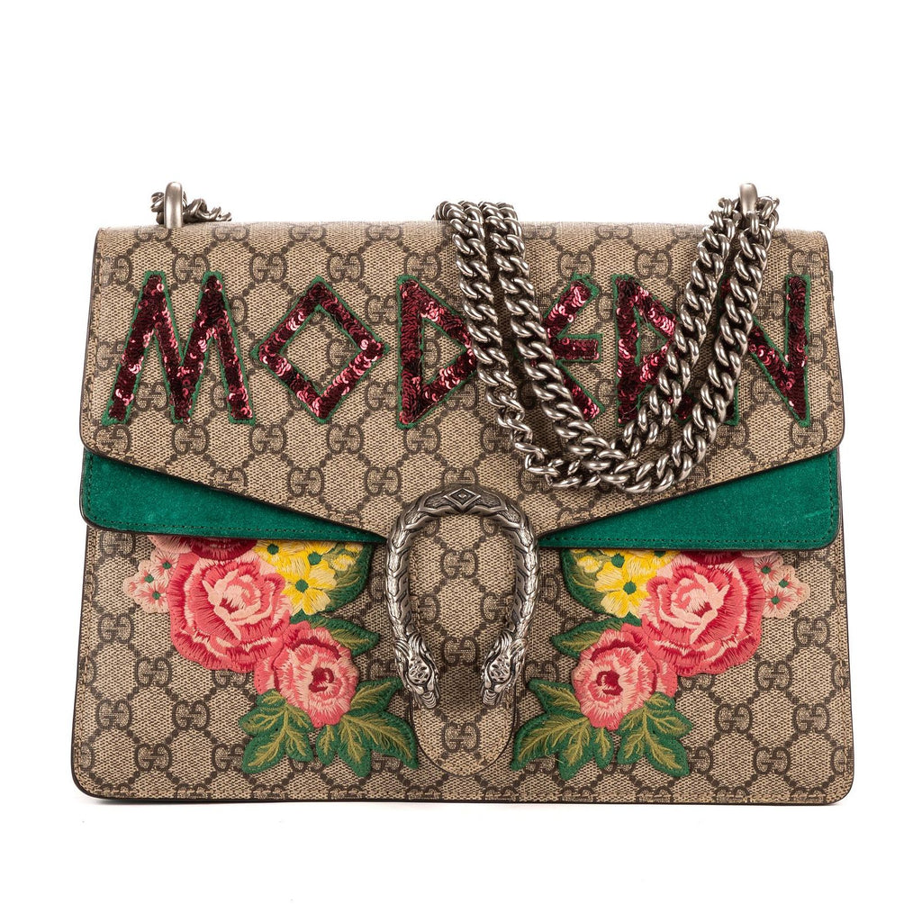 Gucci Dionysus Modern Sequin & Floral Embroidery Beige Green GG Supreme Canvas