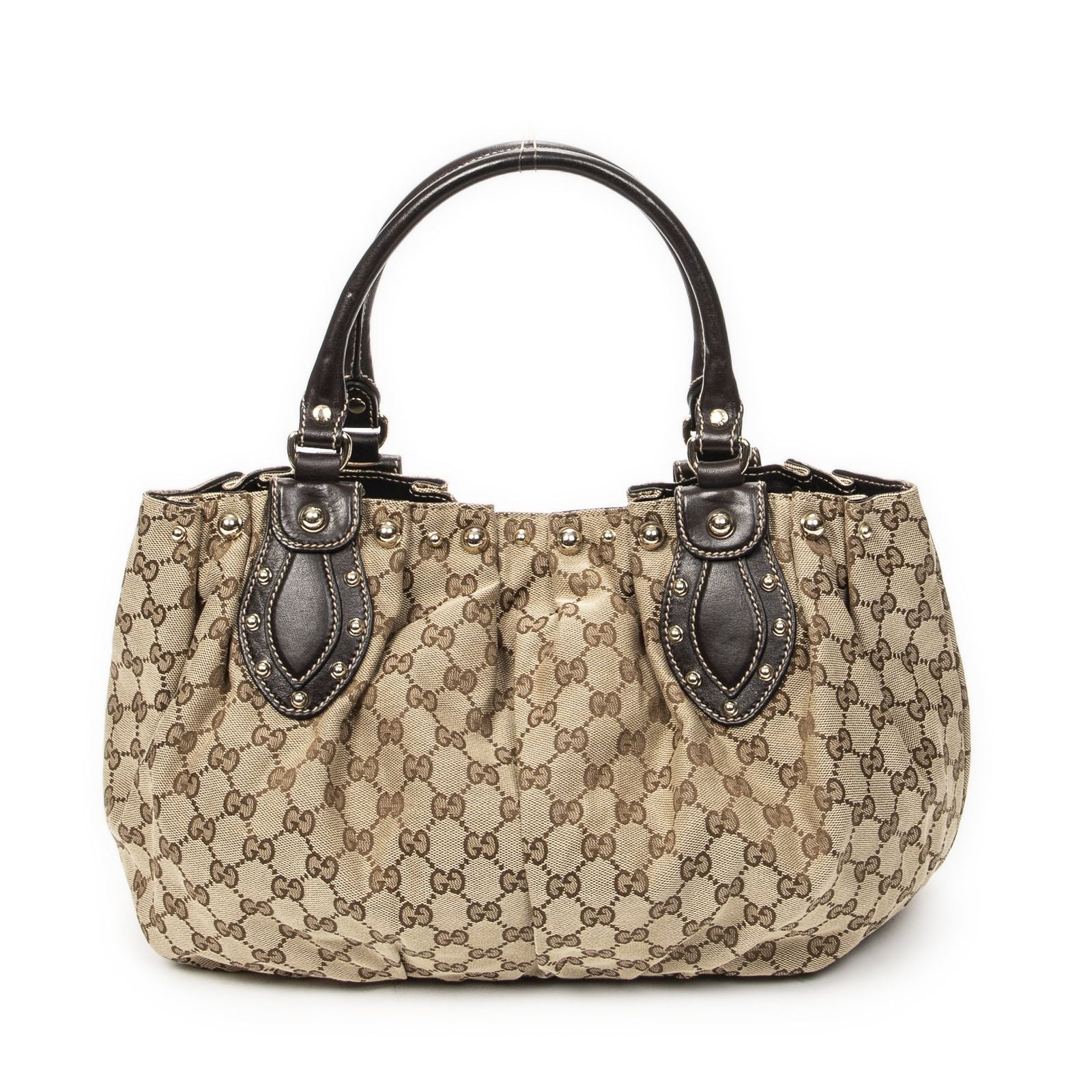 Gucci Studded Pellum Tote Beige Dark Brown GG Canvas