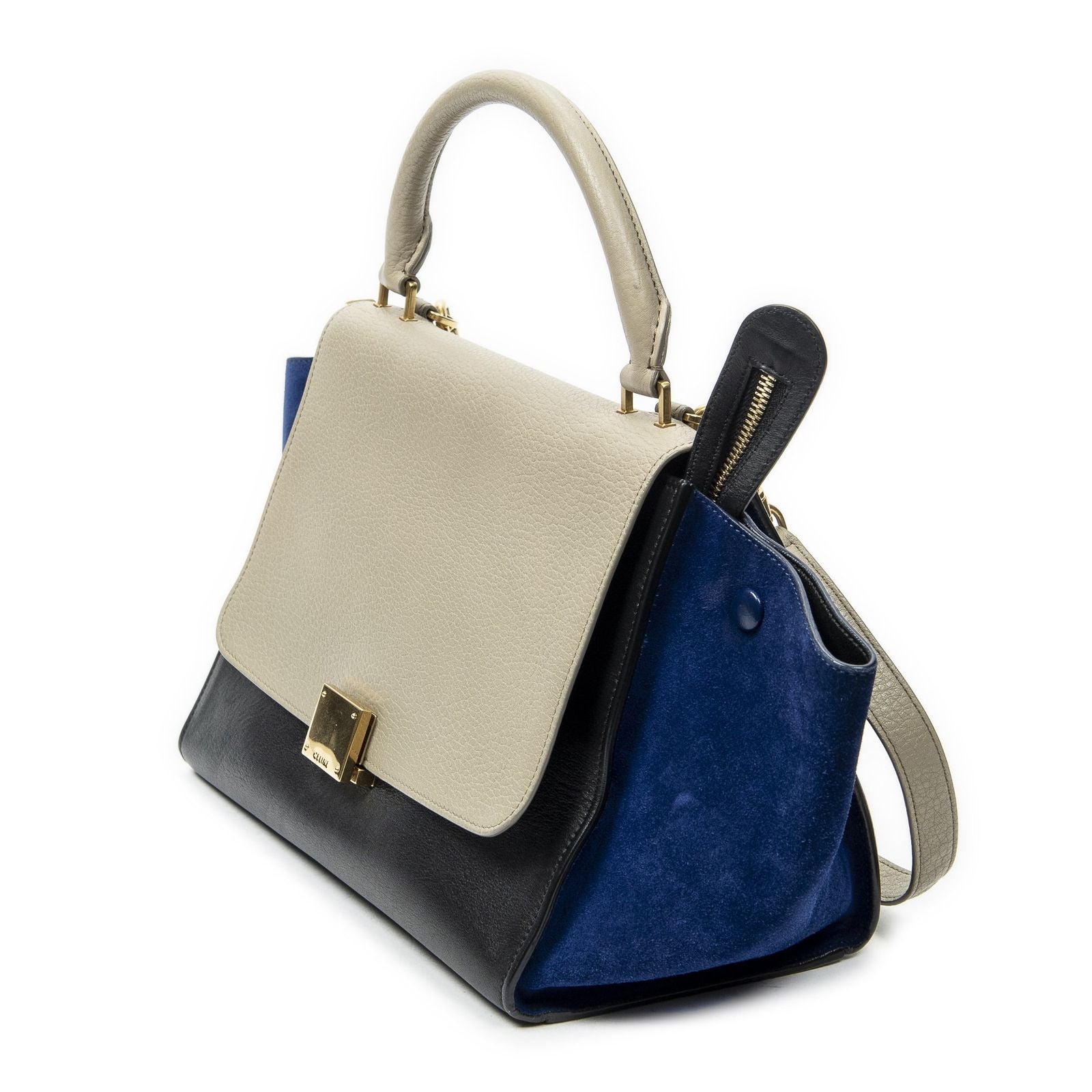 Celine Small Tricolor Trapeze Black Beige Royal Blue Calfskin Leather Messenger — view 2