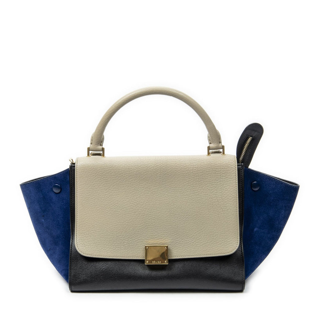Celine Small Tricolor Trapeze Black Beige Royal Blue Calfskin Leather Messenger
