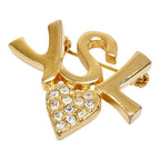 Saint Laurent Logo Heart Brooch Gold Rhinestone Plated