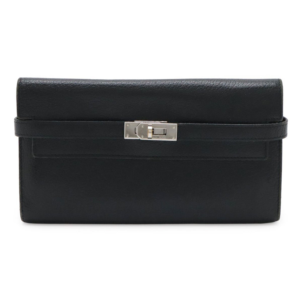 Hermes Kelly Wallet Long Bifold Chevre Leather Black Silver