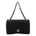 Chanel Choco Bar CC Logo Chain Shoulder Bag Quilted Nylon Black Silver