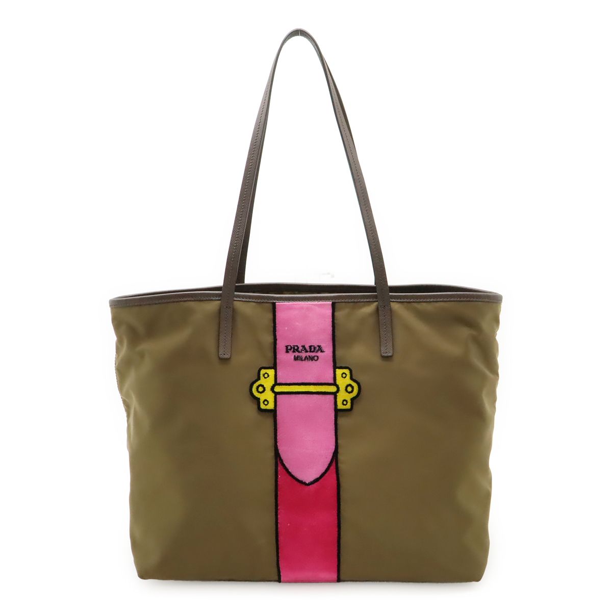 Prada Velour Belt Motif Tote Shoulder Bag Nylon Leather Khaki Pink