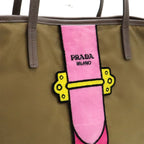 Prada Velour Belt Motif Tote Shoulder Bag Nylon Leather Khaki Pink — view 8