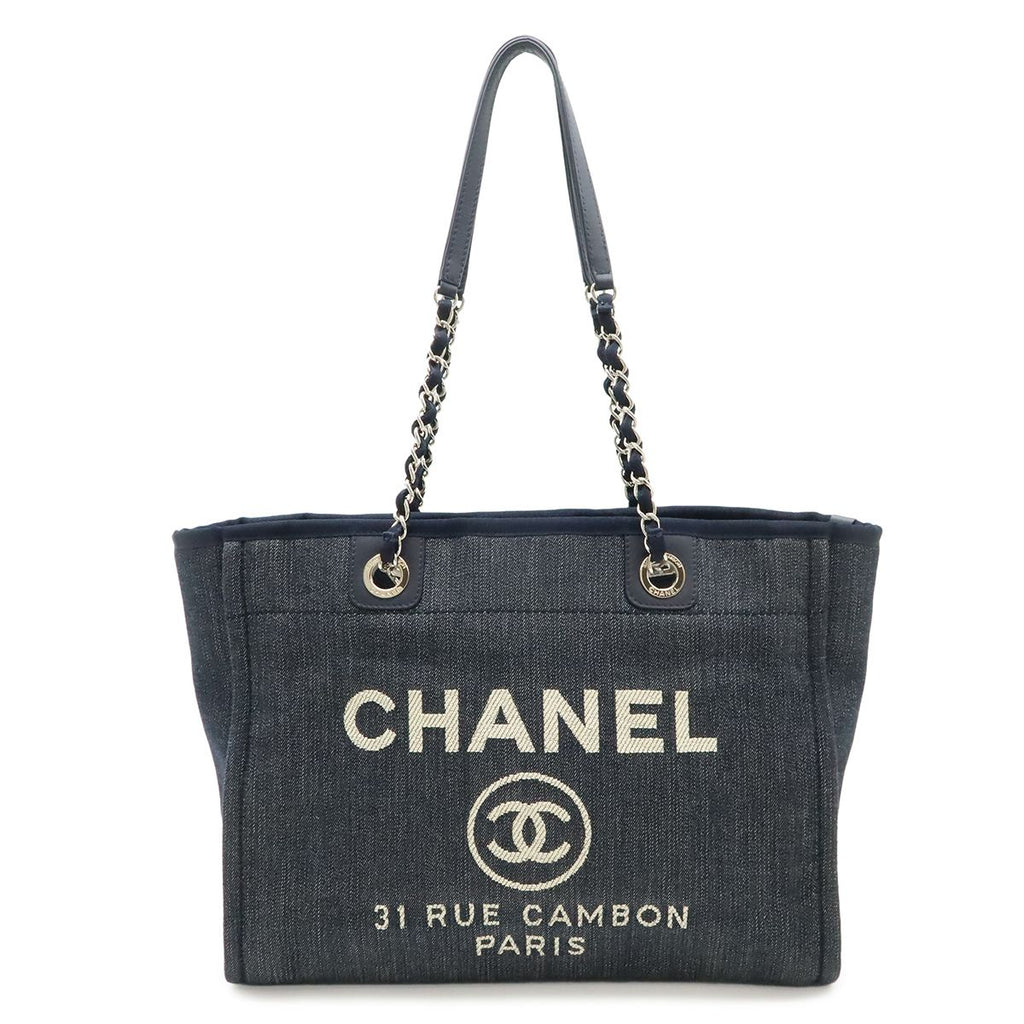 Chanel Deauville Tote MM Shoulder Bag Denim Navy Silver