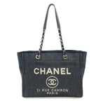 Chanel Deauville Tote MM Shoulder Bag Denim Navy Silver