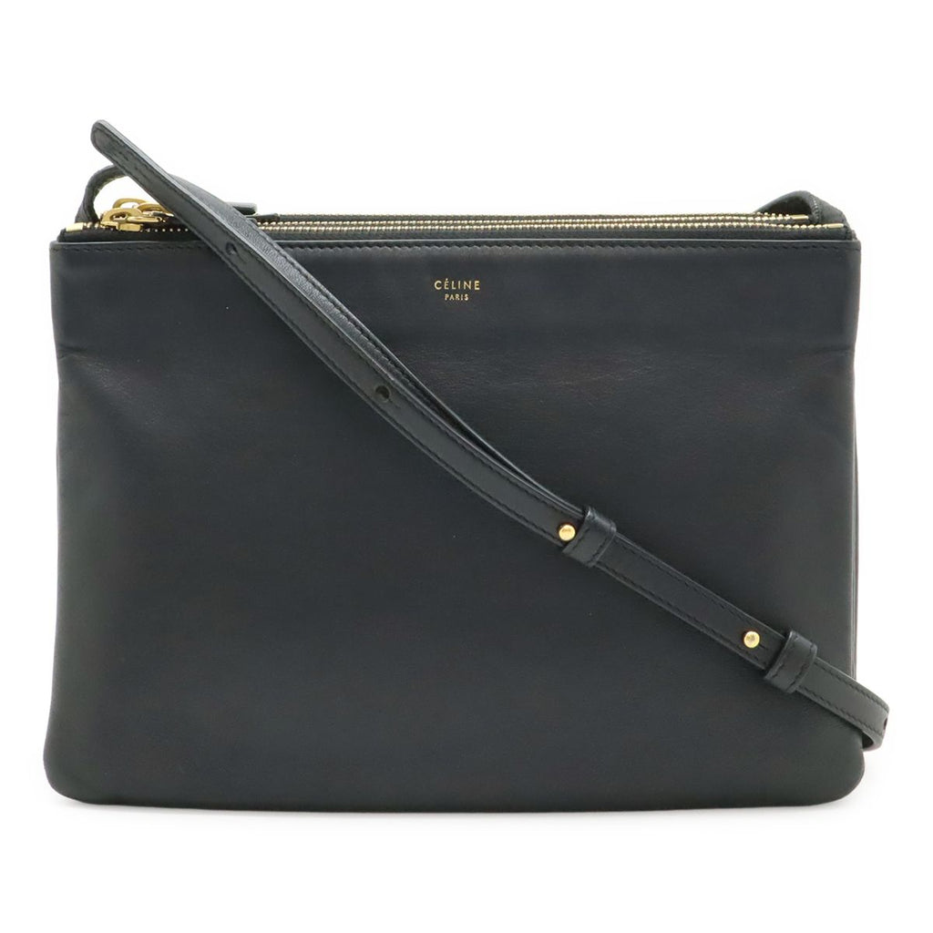 Celine Trio Large Shoulder Bag Pochette Crossbody Pouch Leather Black Gold