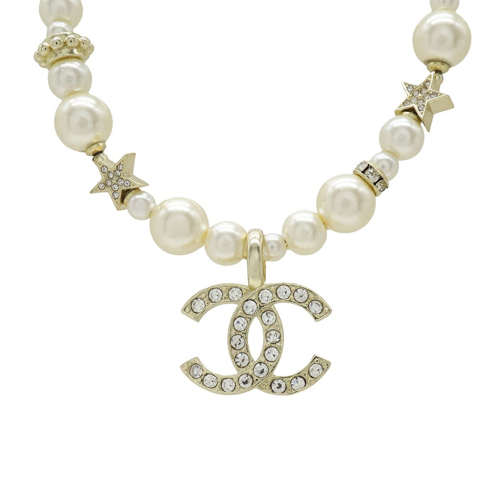 Chanel CC Logo CC Mark Star Pearl Choker Necklace Pendant Metal Faux Rhinestone