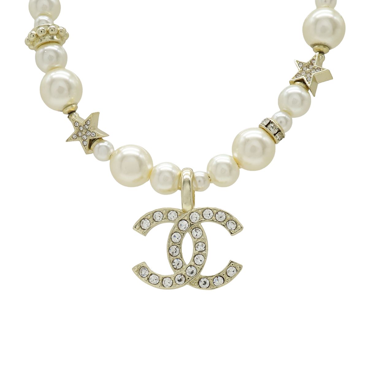 Chanel CC Logo CC Mark Star Pearl Choker Necklace Pendant Metal Faux Rhinestone