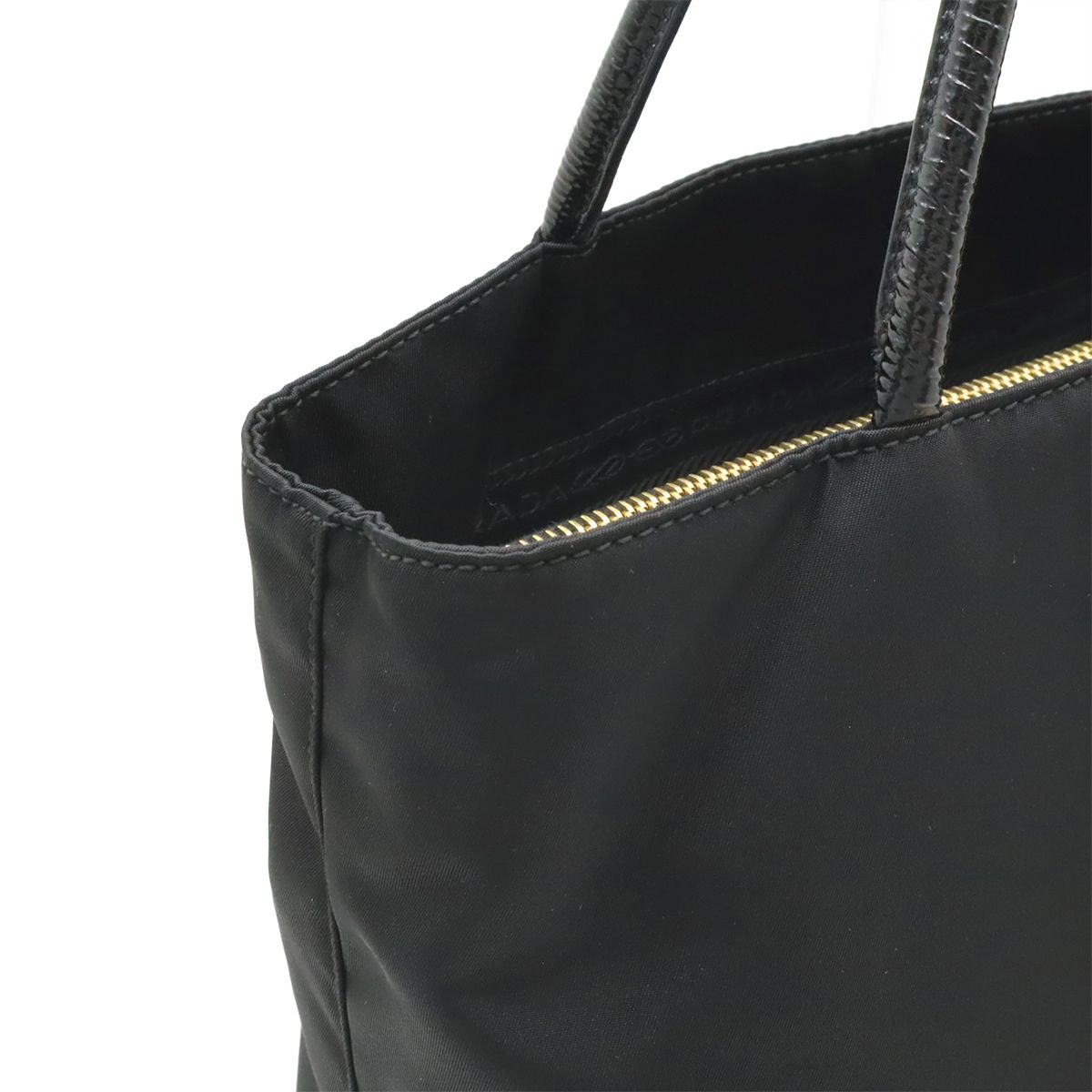 Prada Triangle Logo Tote Shoulder Bag Nylon Patent Nero Black Gold — view 7