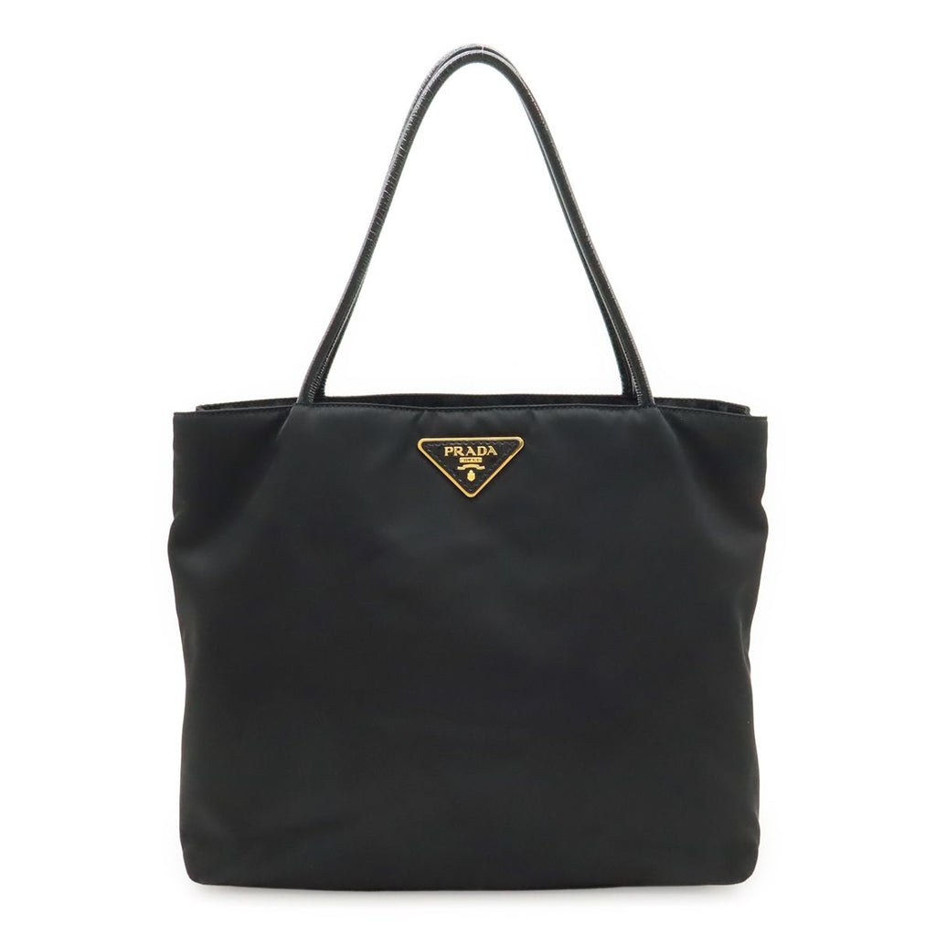 Prada Triangle Logo Tote Shoulder Bag Nylon Patent Nero Black Gold