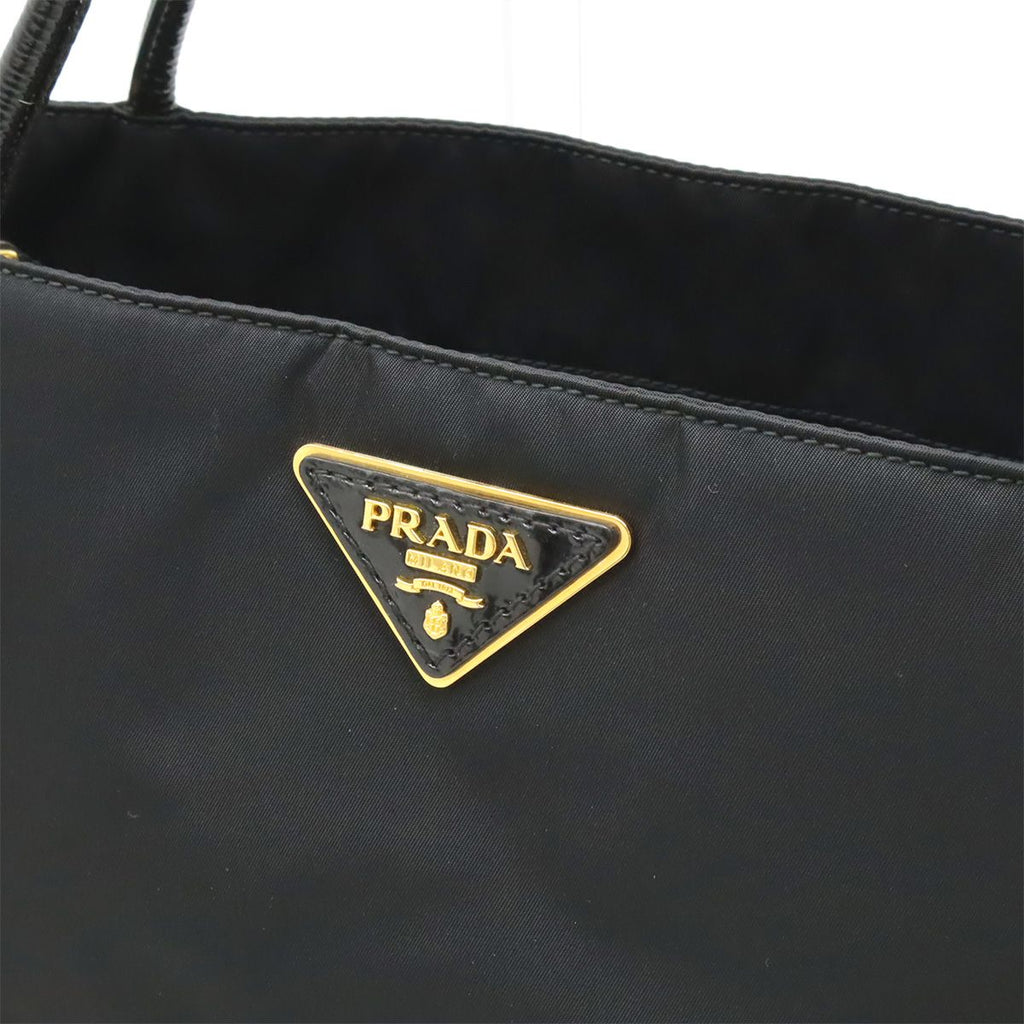 Prada Triangle Logo Tote Shoulder Bag Nylon Patent Nero Black Gold — view 8