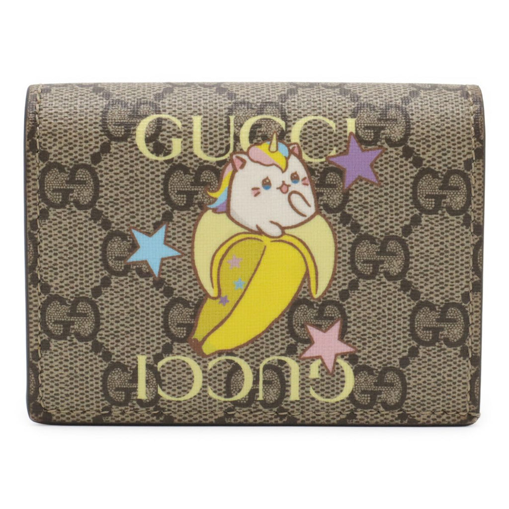 Gucci GG Supreme Card Case Wallet Compact Bifold Bananya Print Beige Yellow