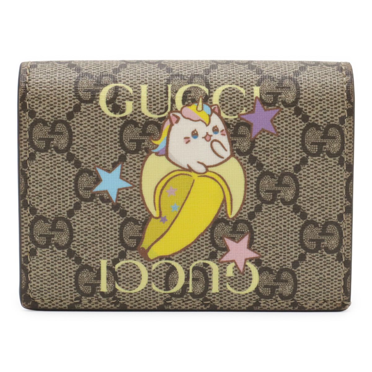 Gucci GG Supreme Card Case Wallet Compact Bifold Bananya Print Beige Yellow