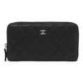 Chanel Quilted CC Logo Zip Around Wallet Caviar Leather Black Silver