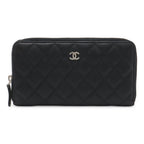 Chanel Quilted CC Logo Zip Around Wallet Caviar Leather Black Silver