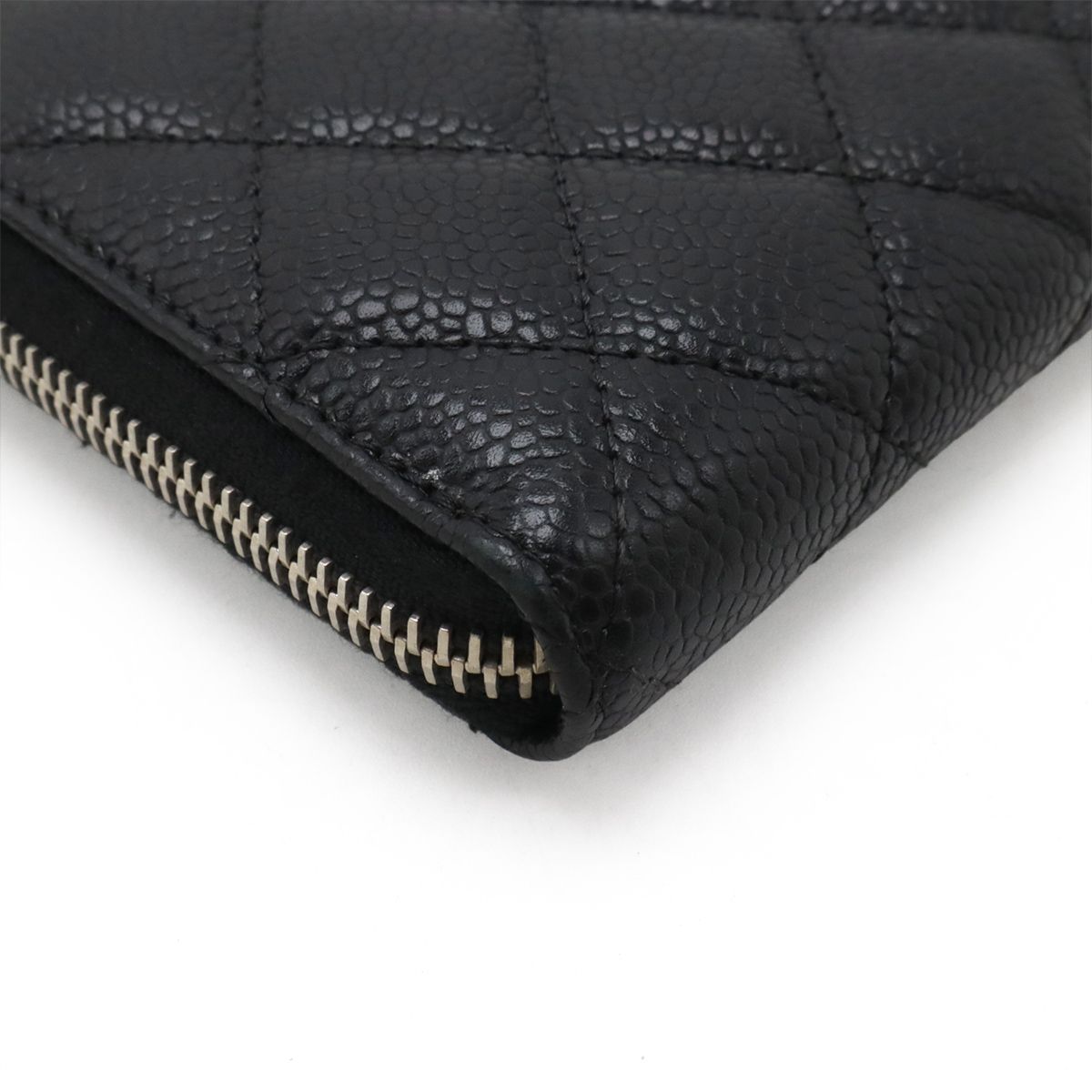 Chanel Quilted CC Logo Zip Around Wallet Caviar Leather Black Silver — view 3