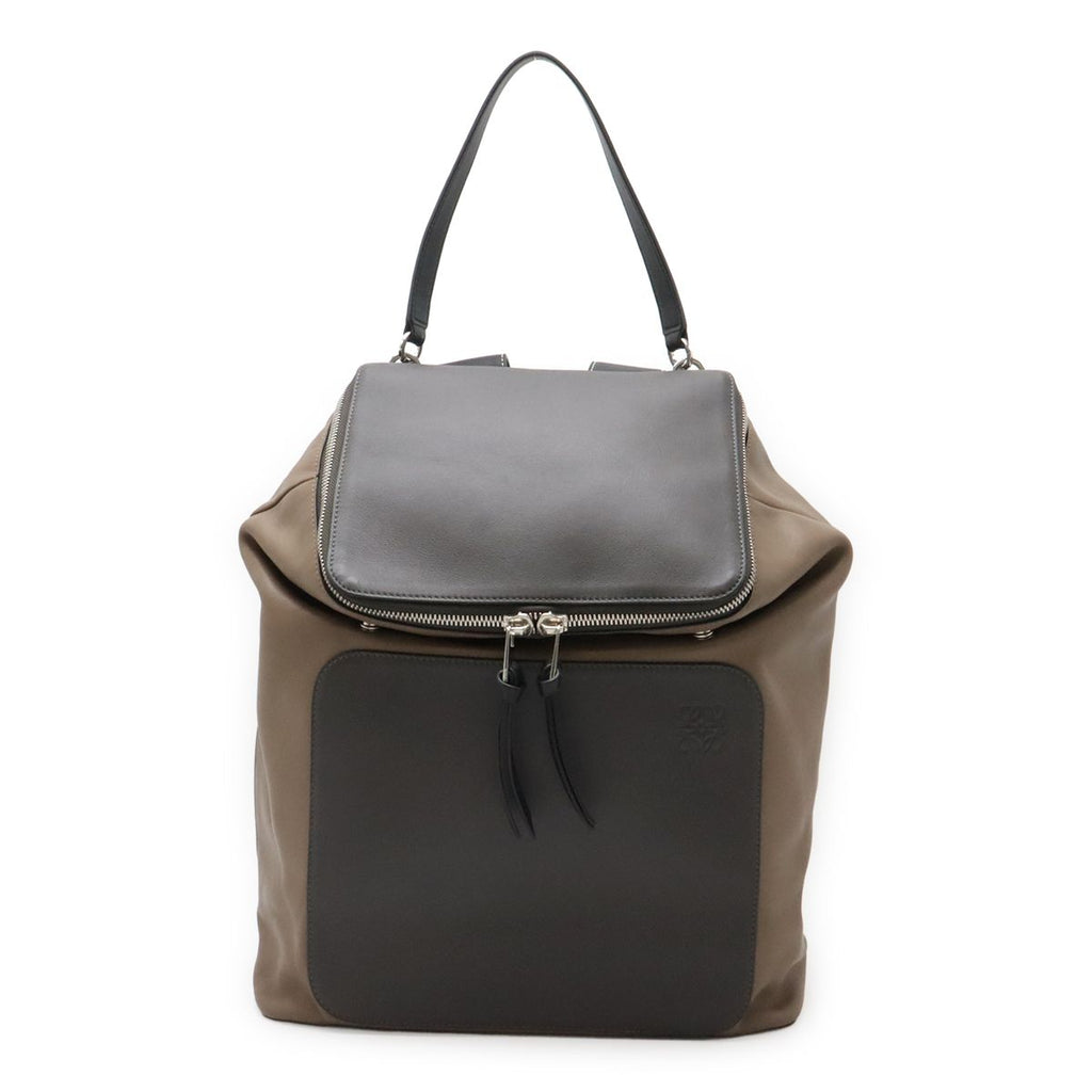 Loewe Goya Backpack Calfskin Leather Mocha Brown Gray Black Silver