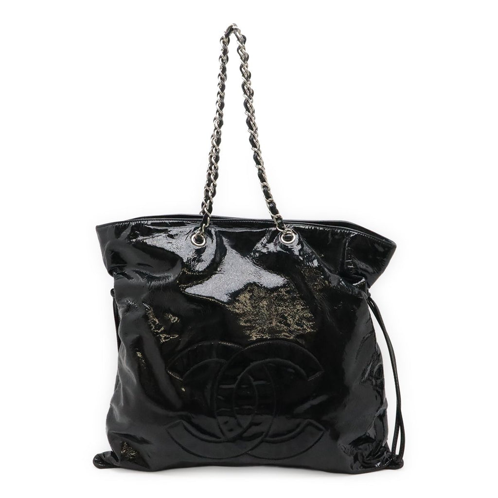 Chanel CC Logo Bonbon Tote Chain Shoulder Bag Drawstring Enamel Leather Black