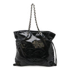 Chanel CC Logo Bonbon Tote Chain Shoulder Bag Drawstring Enamel Leather Black