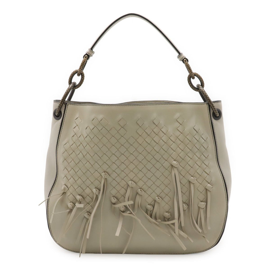 Bottega Veneta Intrecciato Brio Shoulder Bag Knot Fringe Leather Light Gray Ju