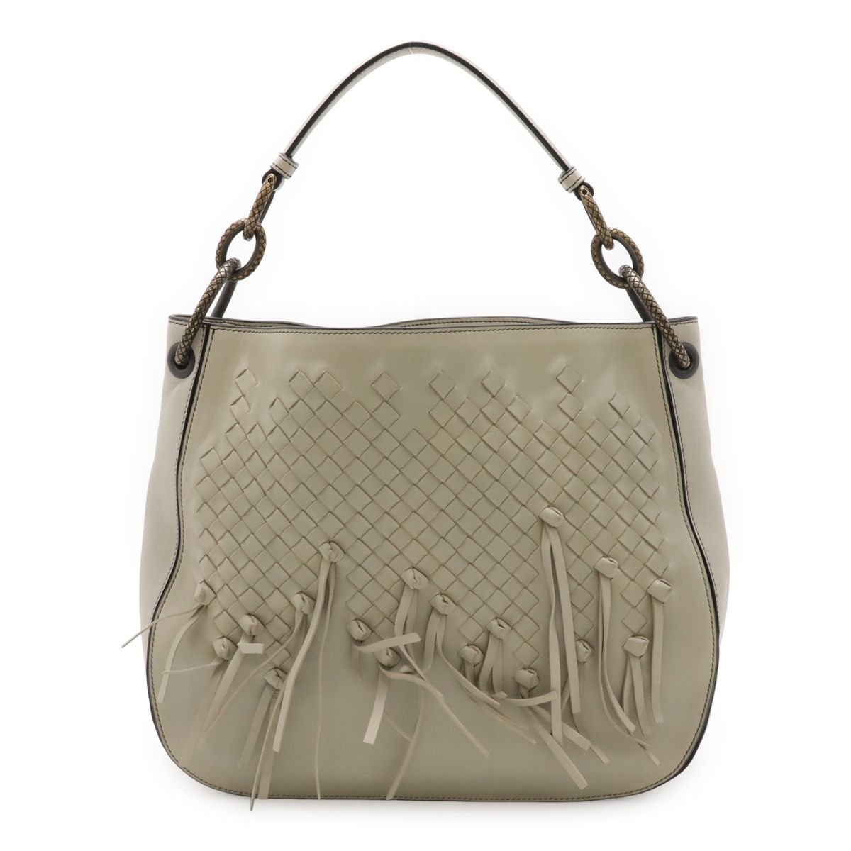 Bottega Veneta Intrecciato Brio Shoulder Bag Knot Fringe Leather Light Gray Ju