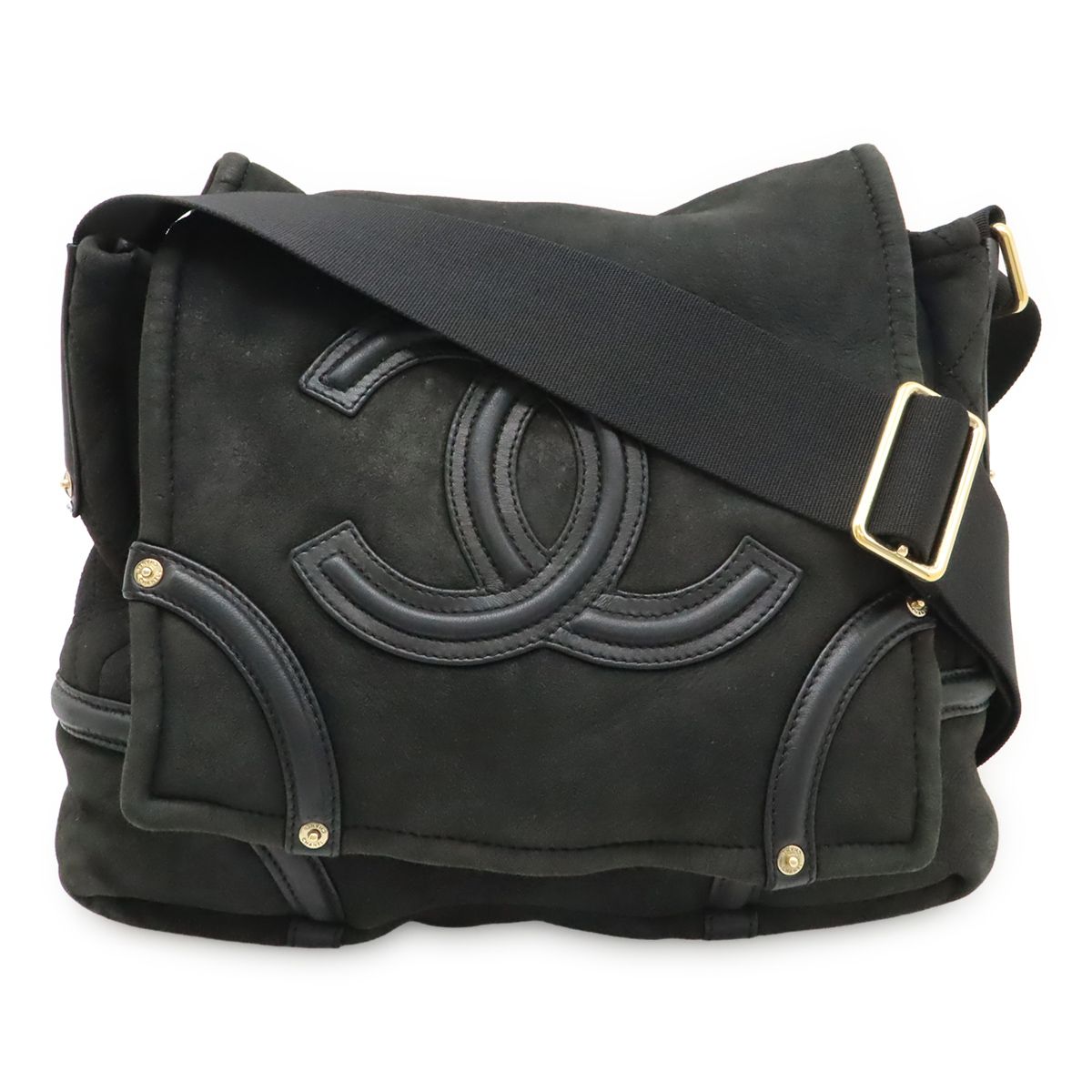 Chanel CC Logo Shoulder Bag Crossbody Shearling Leather Boa Black Gold