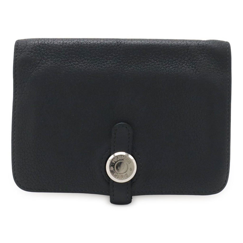 Hermes Dogon Compact Coin Purse Card Case Taurillon Clemence Black Navy Silver