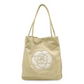 Chanel Camellia Logo Tote Shoulder Bag Leather Beige White Gold