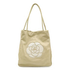 Chanel Camellia Logo Tote Shoulder Bag Leather Beige White Gold