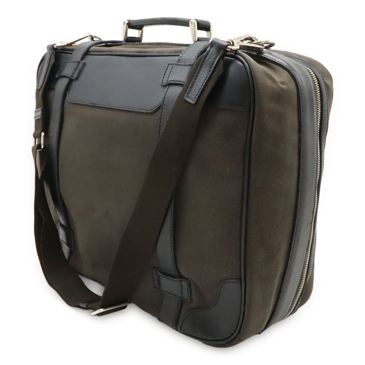 Prada Logo Jacquard Shoulder Bag Tote 2-Way Canvas Leather Brown Nero Black — view 2