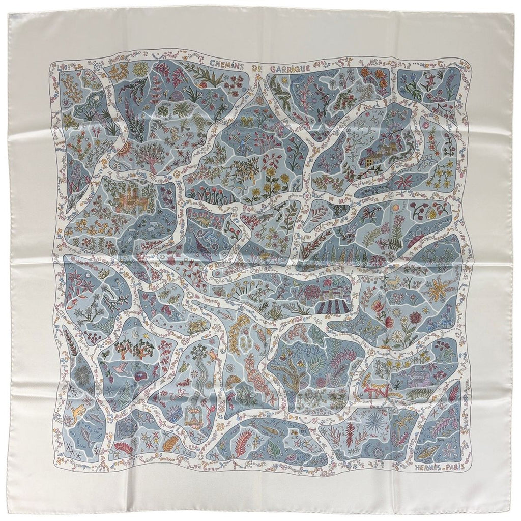 Hermes Carre 90 Chemins de Garrigue Scarf Silk White Multicolor