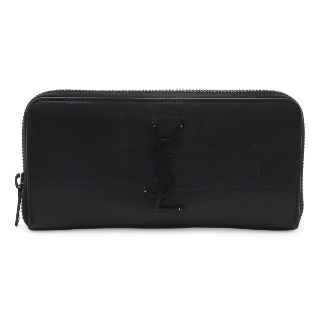 Saint Laurent Paris YSL Yves Zip Around Wallet Croco Leather Black