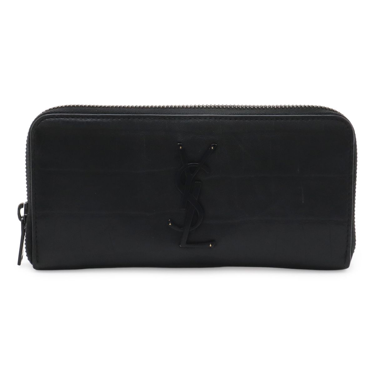 Saint Laurent Paris YSL Yves Zip Around Wallet Croco Leather Black