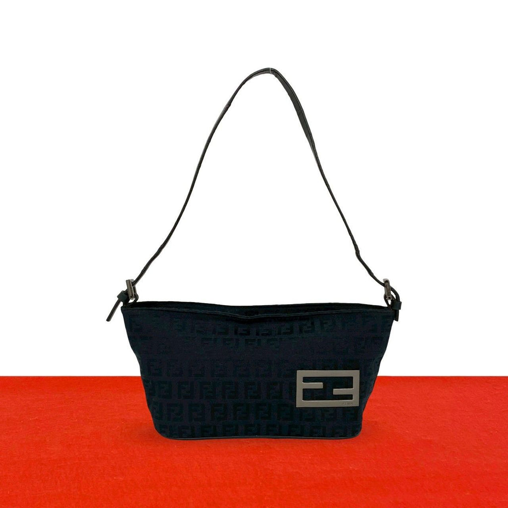 Fendi Zucchino Pattern Canvas Leather Shoulder Bag Pouch Black