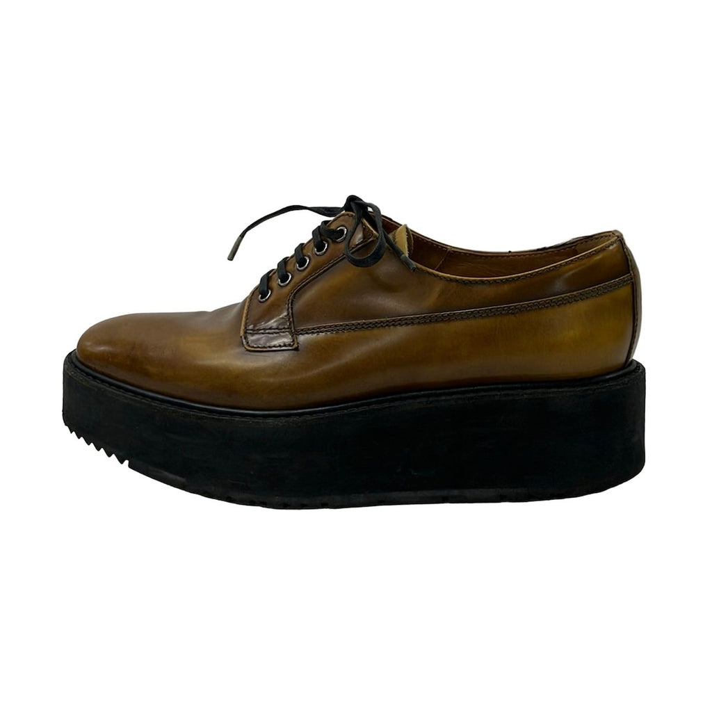 Prada Loafers 37 Ready Sue Brown Black Thick Bottom Lace Sew Up Leather
