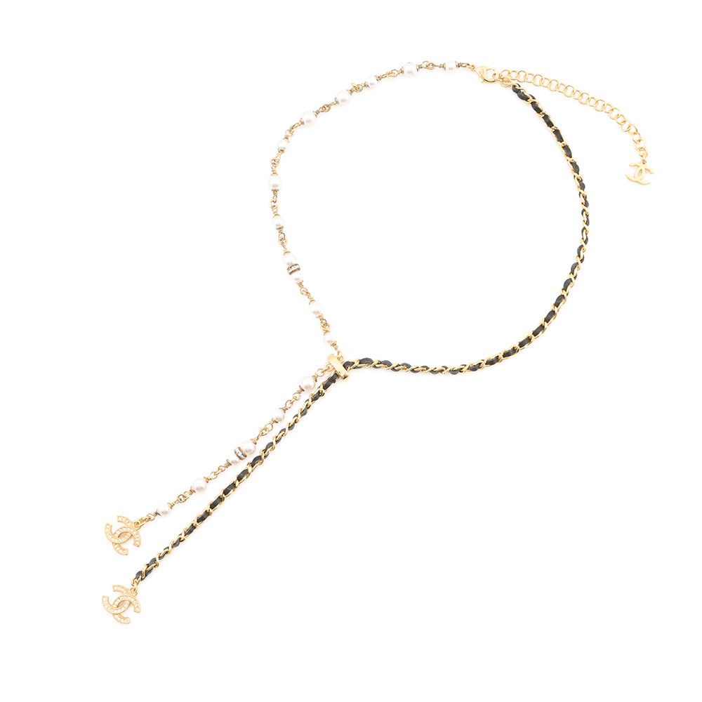 Chanel Necklace CC Logo Rhinestone Faux Pearl
